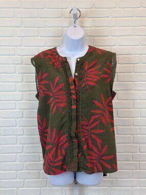 a.n.d. Embroidered Palm Print Sleeveless Top Olive Pink Medium